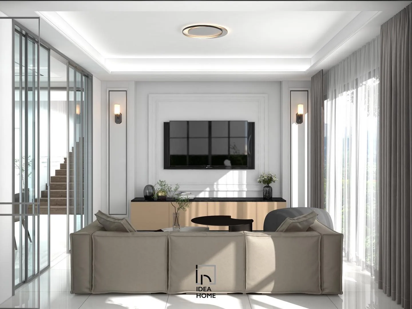 ผลงานห้องนั่งเล่นโทน luxury พร้อมผนังทีวีและงาน built-in โดย IDEA HOME